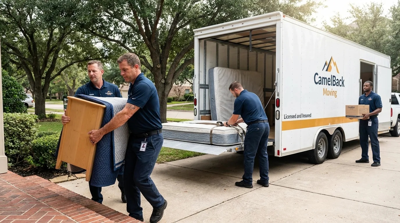 Crew loading residential truck for cross-state move from Cedarburg, WI