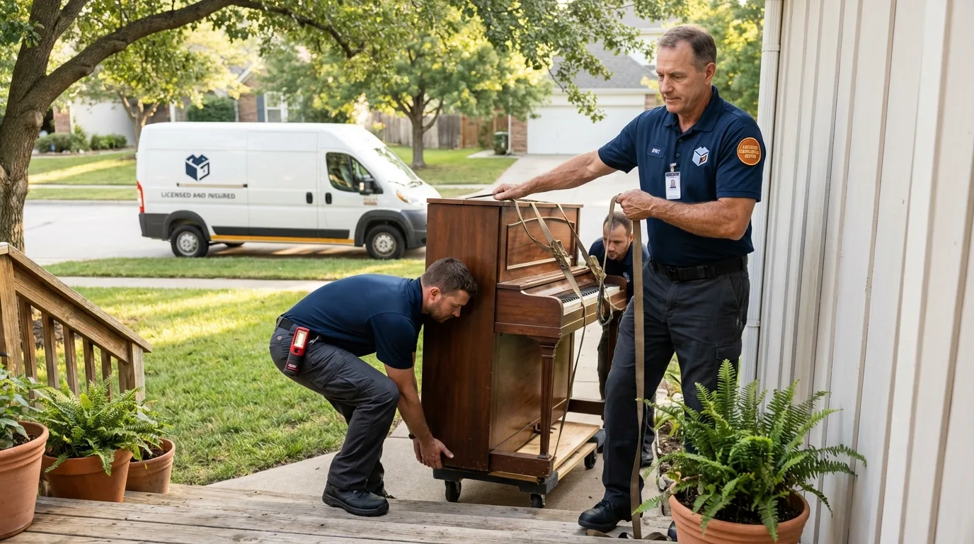 Licensed piano movers securing grand piano in Cedarburg, WI