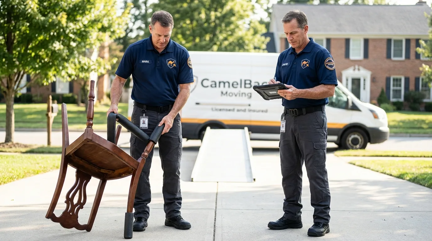 Movers inspecting furniture for damage prevention before loading in Cedarburg, WI