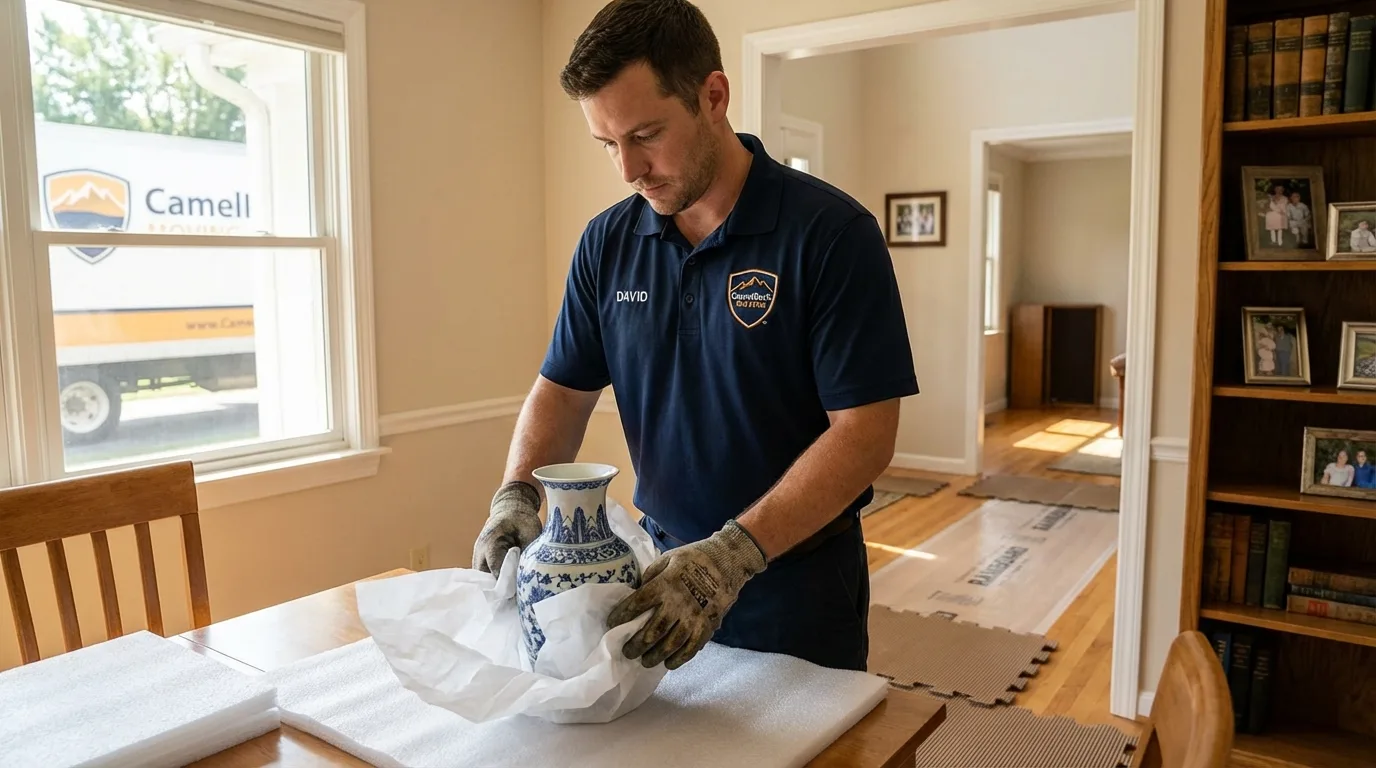 Professional crew carefully wrapping antique vase for senior downsizing move in Cedarburg, WI